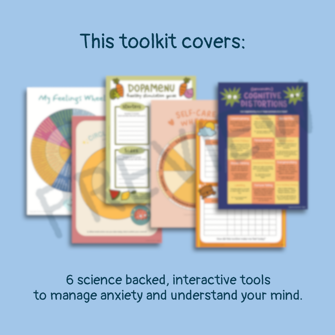 Set of mental health tools including a mood chart, dopamine menu, self-care guide, and cognitive distortions chart on a blue background.