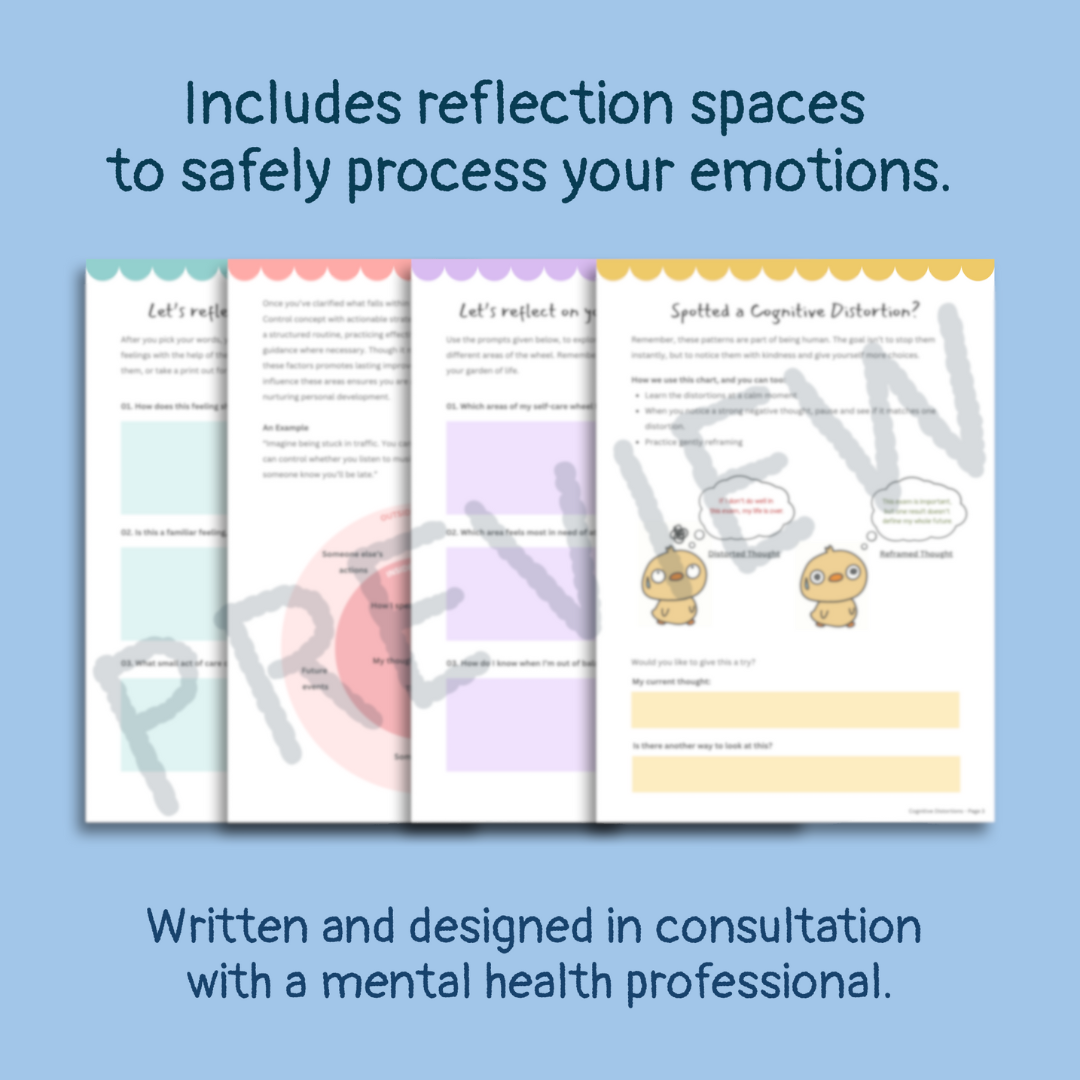 Pages from a workbook with reflection spaces on a blue background