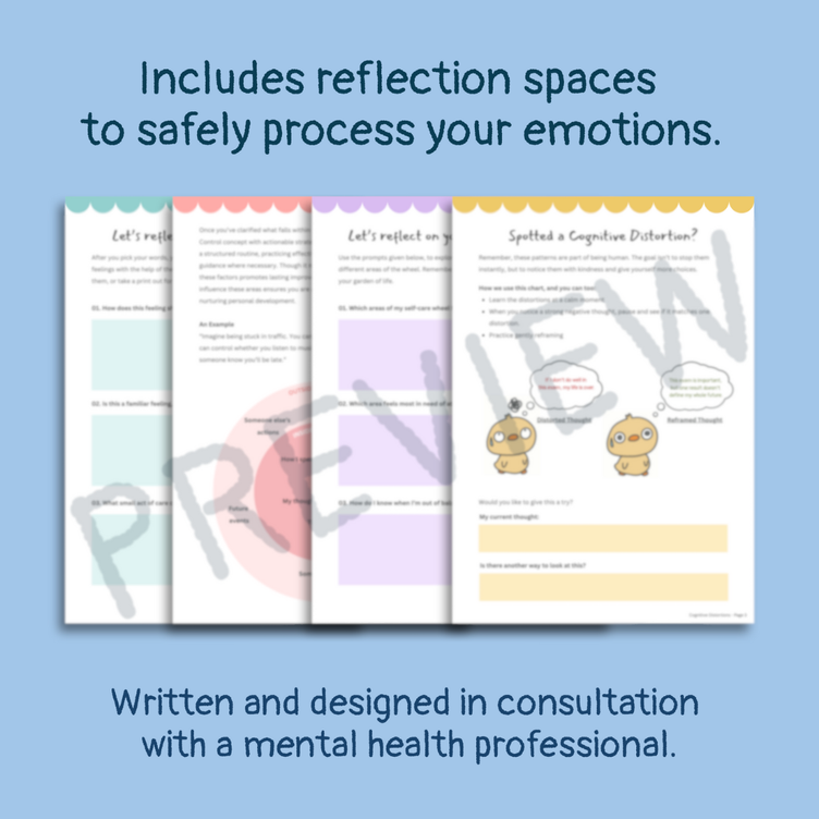 Pages from a workbook with reflection spaces on a blue background