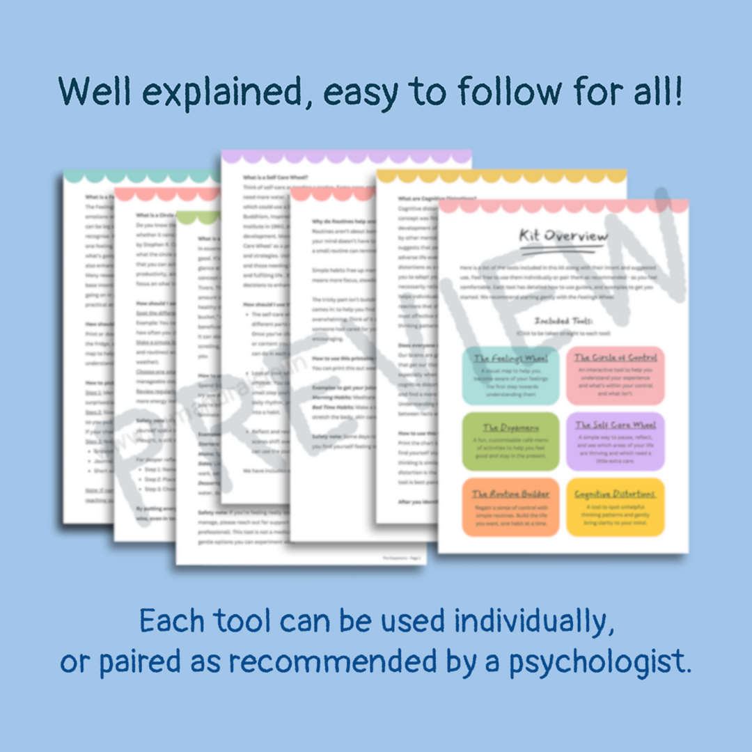 Set of psychological tools with colorful headers on a blue background