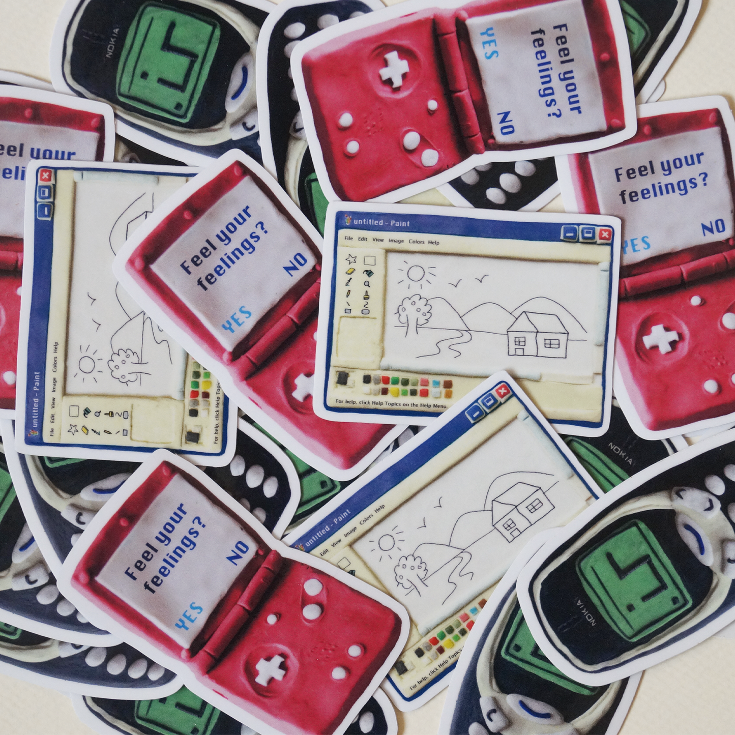 residue-free vinyl stickers for laptops inspired by 2000s tech, MS Paint, Nokia snake game and gameboys, featuring clay illustrations
