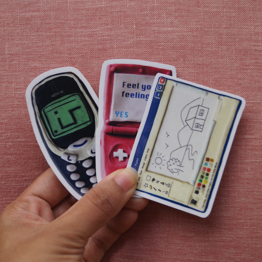 residue-free vinyl stickers for laptops inspired by 2000s tech, MS Paint, Nokia snake game and gameboys, featuring clay illustrations