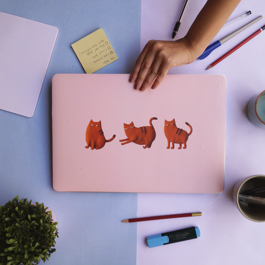 Cute cat illustrations on a laptop skin pink and orange colour